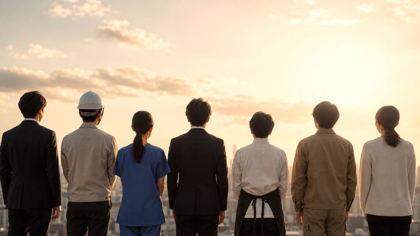 夕暮れに働く人々